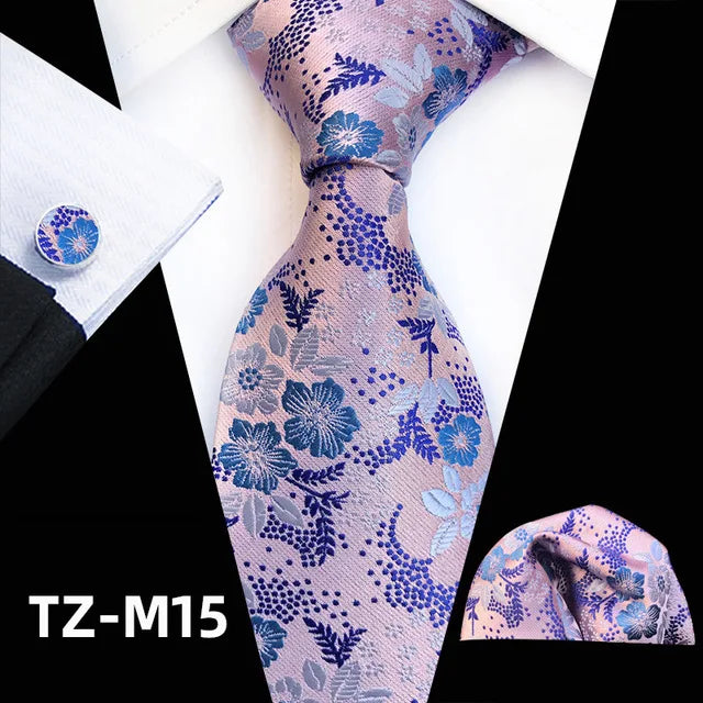 Floral  Neck Tie Set Handkerchief Brooch Cufflinks Men Accessories