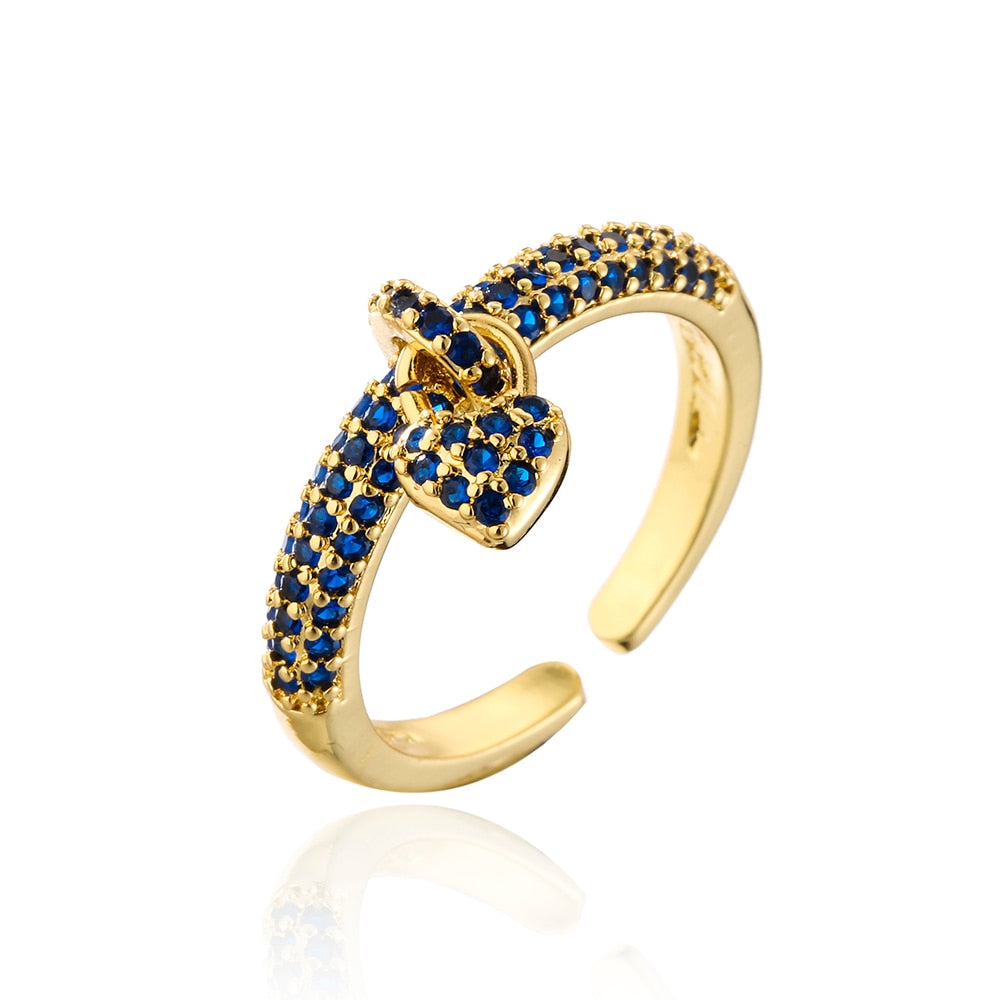 Fashion Colourful Cubic Zirconia Pave Setting Gold Color Heart Charm Finger Ring