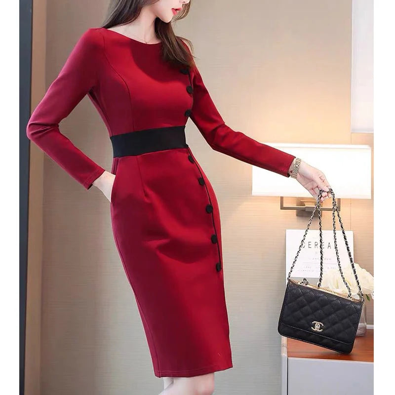 Spring Autumn Fashion Contrast Color High Waist Long Sleeve Slim Midi Dress