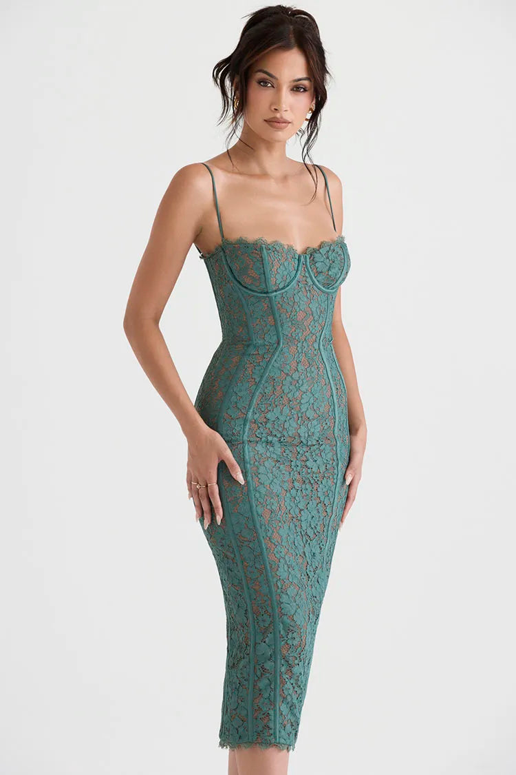 Summer One-Line Neck Sling Lace Sleeveless Solid Color Dress