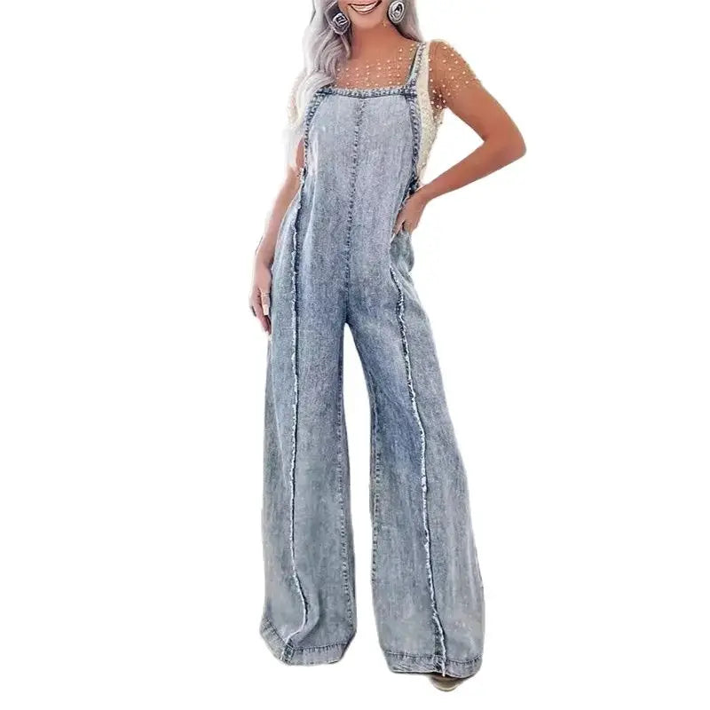 Vintage Washed Raw Edge Denim Jumpsuit
