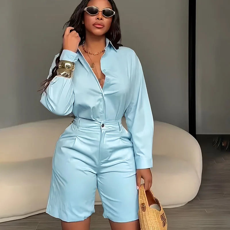 Solid Elegant Two‑Piece Set – Long Sleeve Shirt & Shorts Matching Outfit