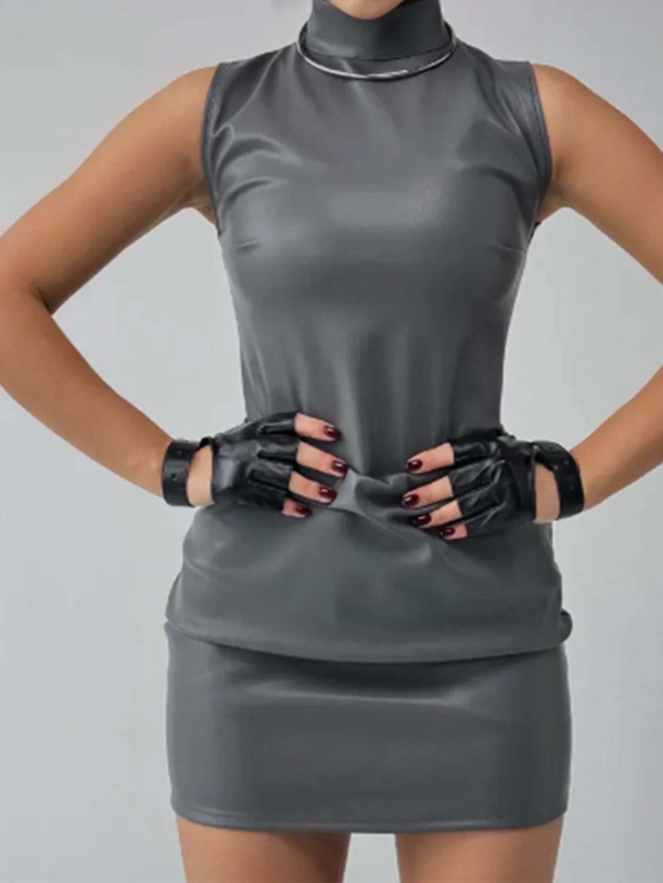 Sexy Brown PU Leather Mini Summer Dress