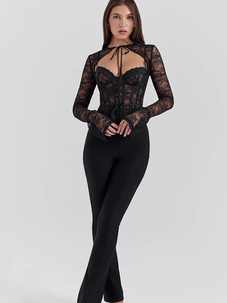 Sexy See Through Lace Two Piece Sets Long Sleeve Print Floral Tops
