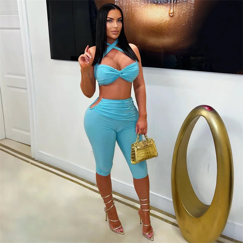 Sexy Rave Club Party Halter Draped Bra Top and Knee Length Pants Matching Sets