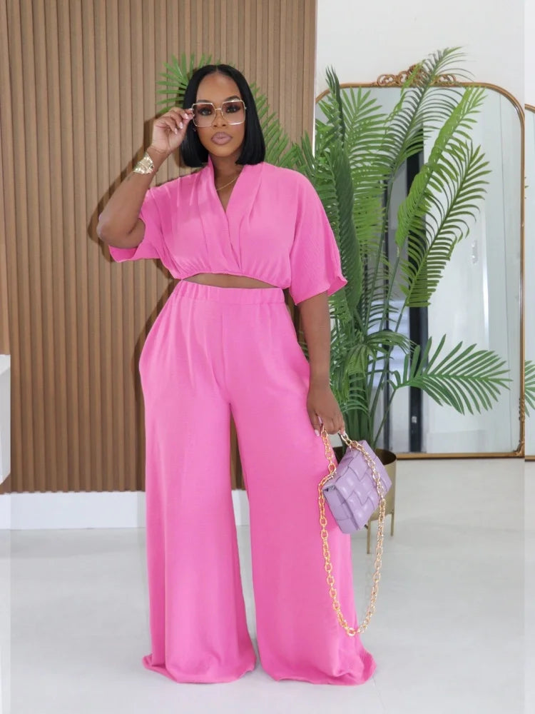 Short Sleeve Collarless Top & High-Waist Wide-Leg Pants