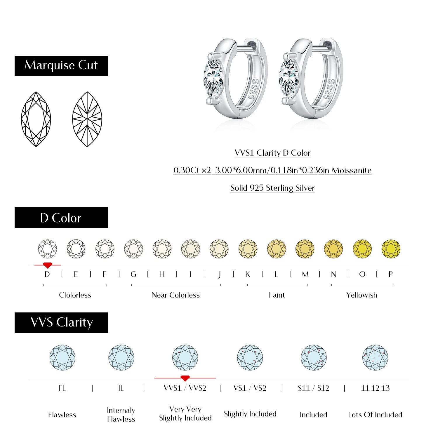 Marquise Cut VVS1 Moissanite Hoop Earrings in 925 Sterling Silver