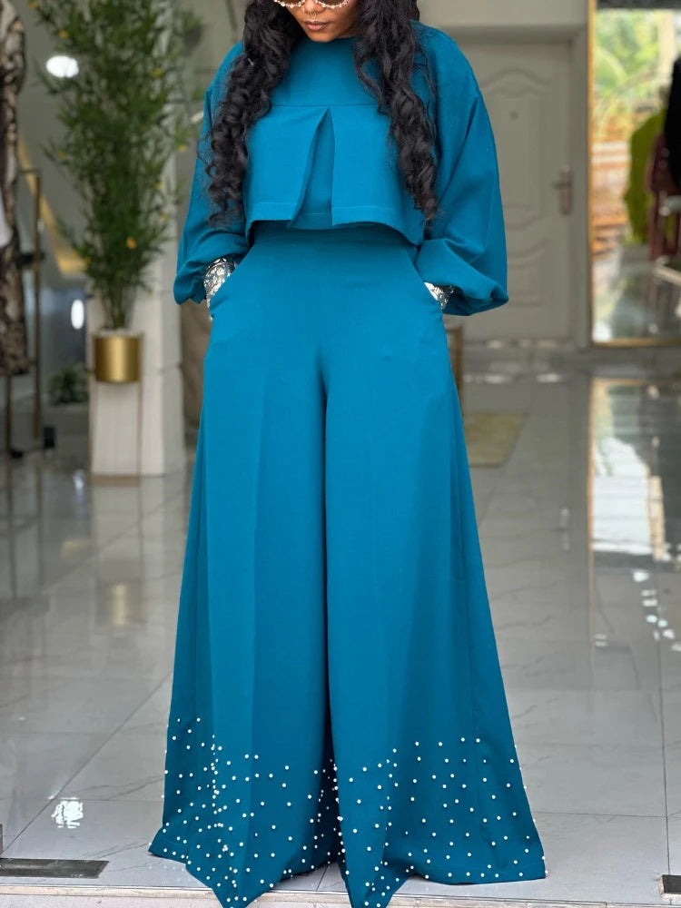 O Neck Long Lantern Sleeve Tops Embroidered Flares Wide Leg Trousers