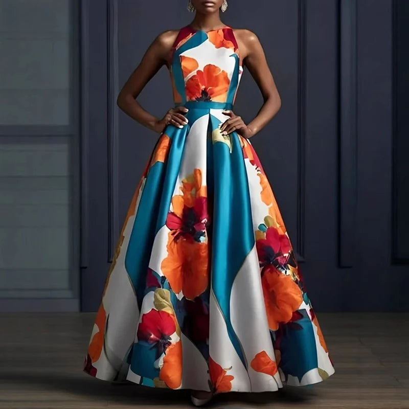 Sexy Sleeveless Flower Print High Waist Long Dress
