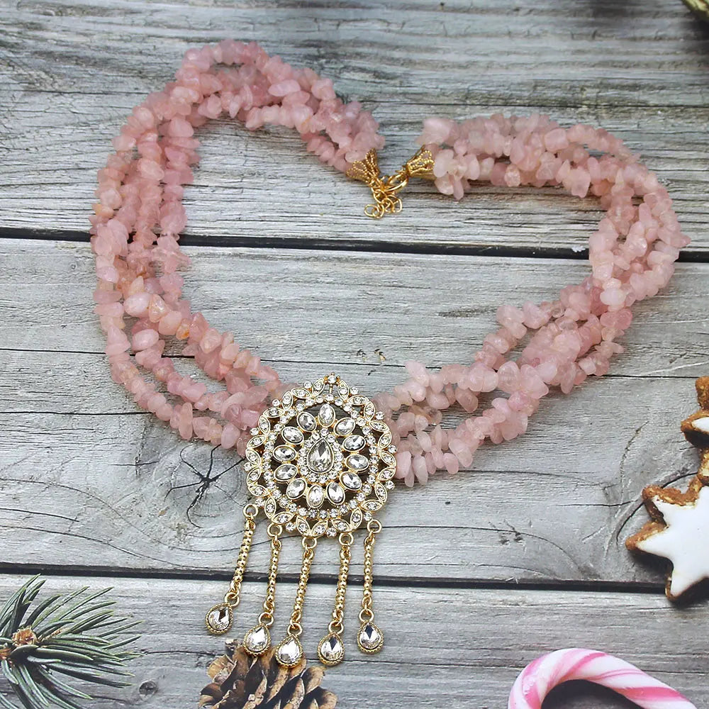Pink Stone Choker Necklace Caftan Belt Waist Chain Adjustable Gold Color Jewelry Set