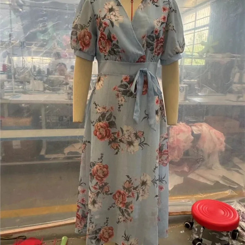 Women’s V‑Neck Ruffle Short Sleeve Floral Chiffon Maxi Dress