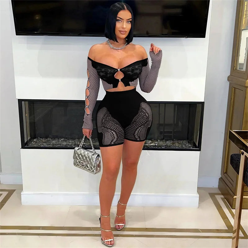 Long Sleeve Hollow Out Crop Top and Shorts Matching Sets