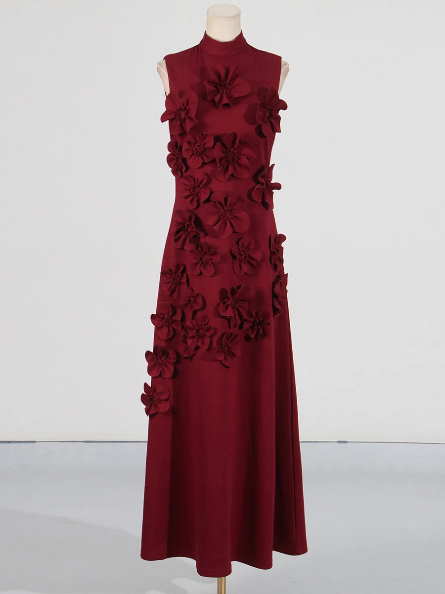 Spliced Appliques Elegant Stand Collar Sleeveless High Waist Patchwork Zipper Dresses