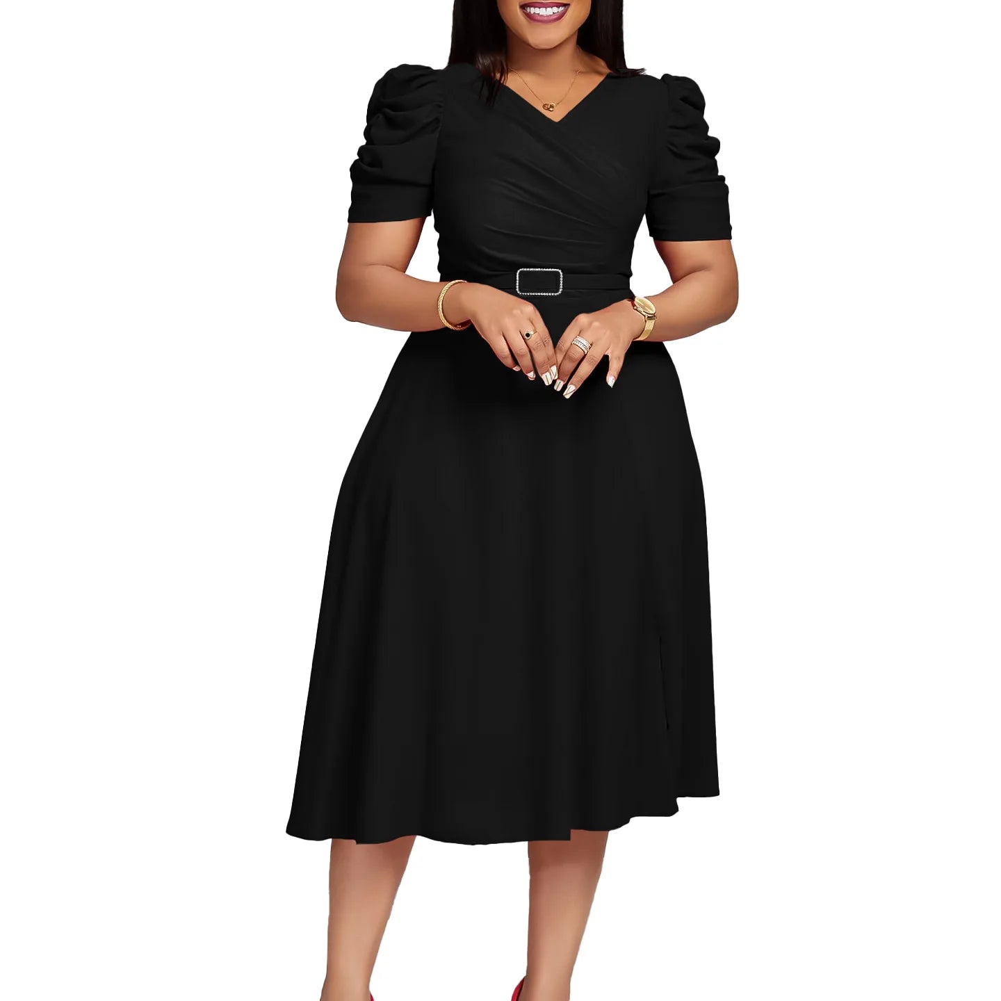 Summer 2024 Fashion African Short Sleeve Polyester Red Blue Black Green Pleat Dresses