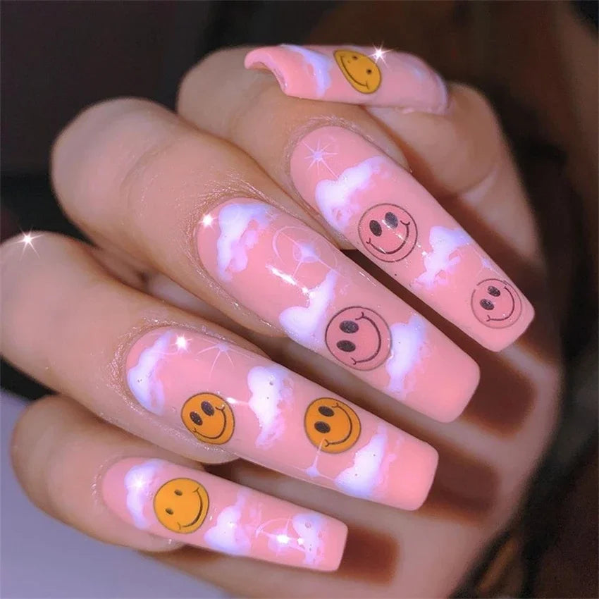 24Pcs/Set French Ballet Fake Nails Art Stars Sky Eyes Wearing False Nails