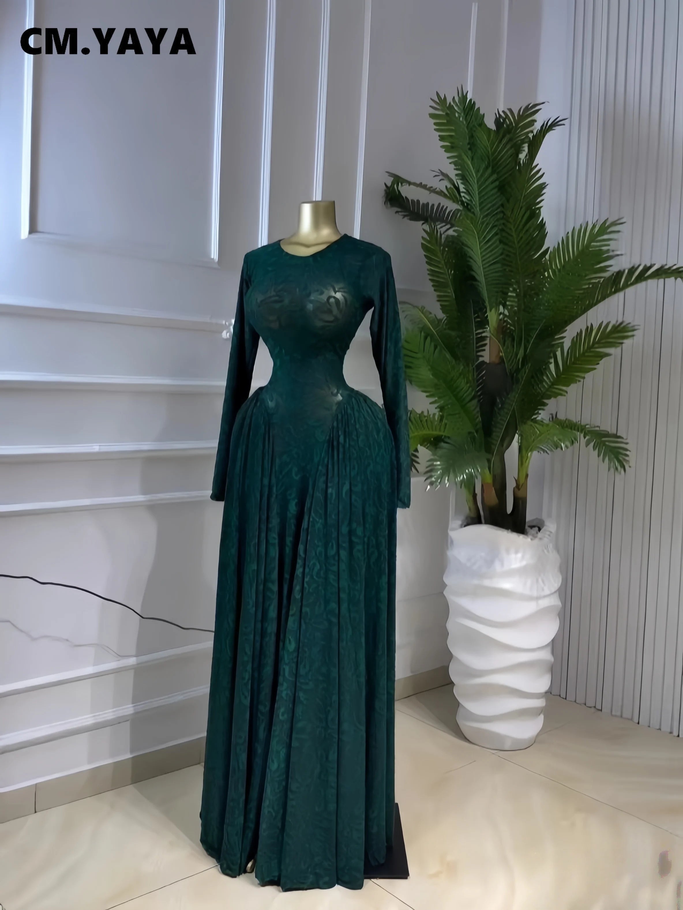 O-neck Long Sleeve Big Swing Pleated Maxi Dress