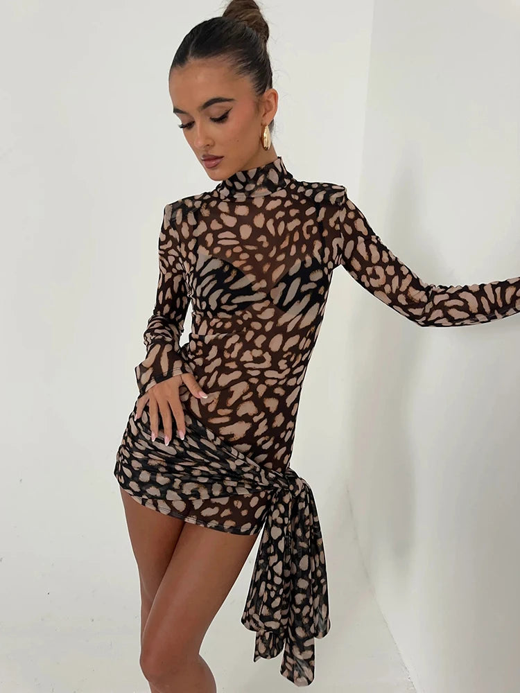 Turtleneck Sexy Sheer Print Leopard Bandage Long Sleeve Mini Dress