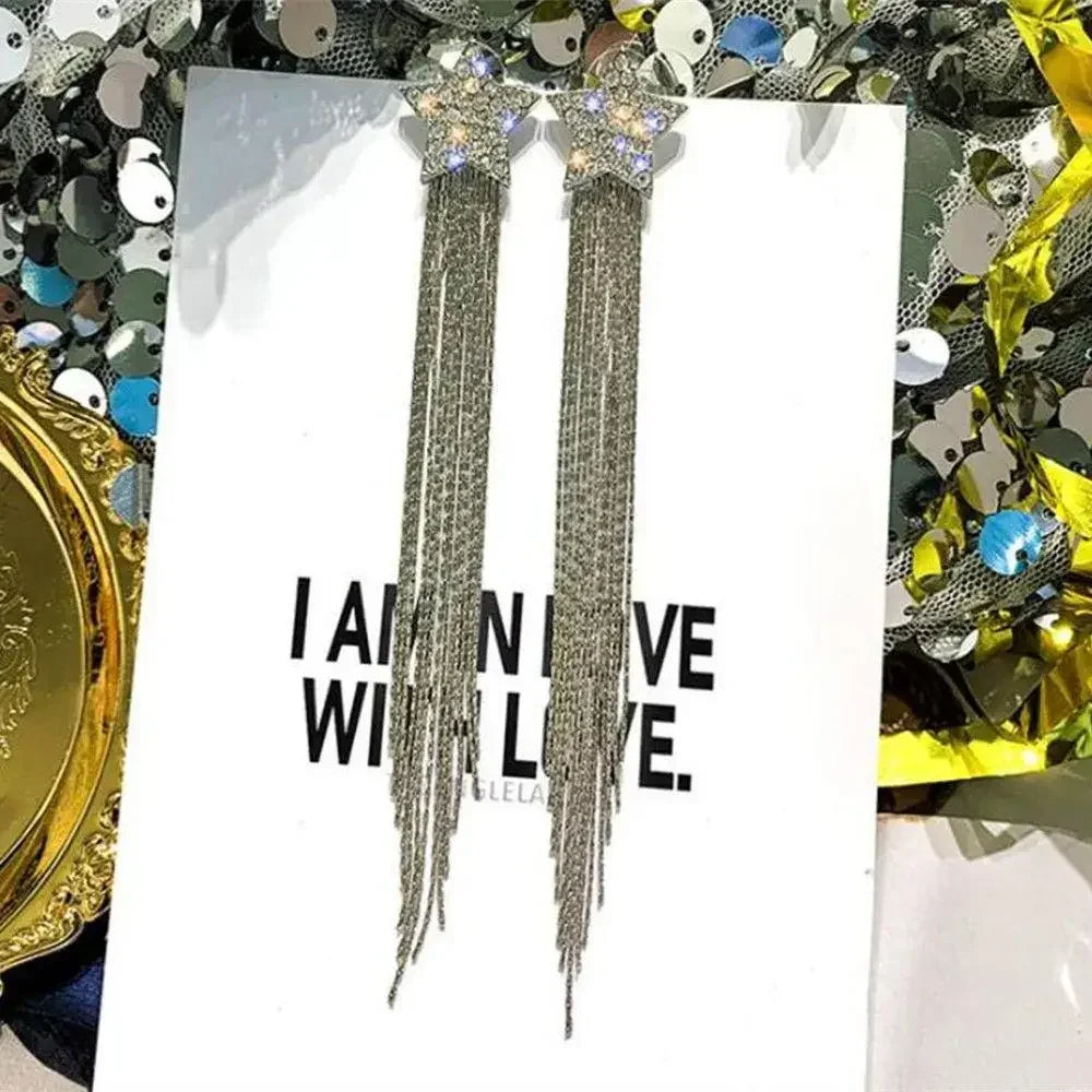 Square Blue Zircon Long Tassel Stud Earrings – Elegant Sparkle for Every Special Moment