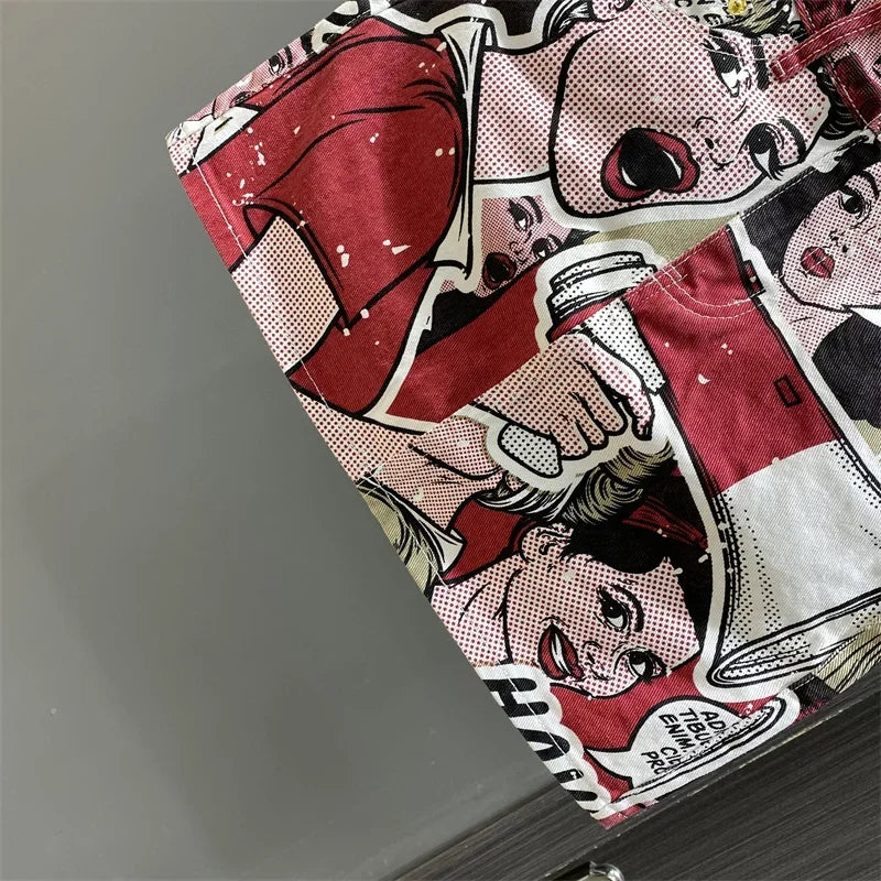 Cute Cartoon Pattern High Waist Denim Skirt