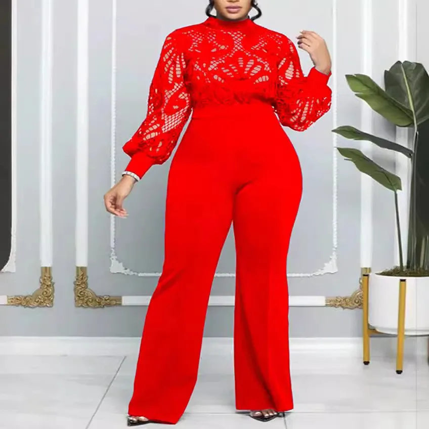 Plus Size Mesh Lace Casual Jumpsuit