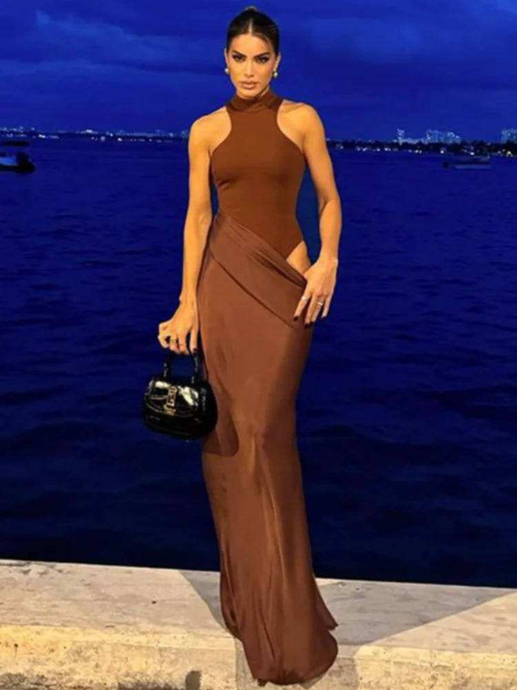 Satin Sexy Sleeveless High Waist  Hollow Out Maxi Dress
