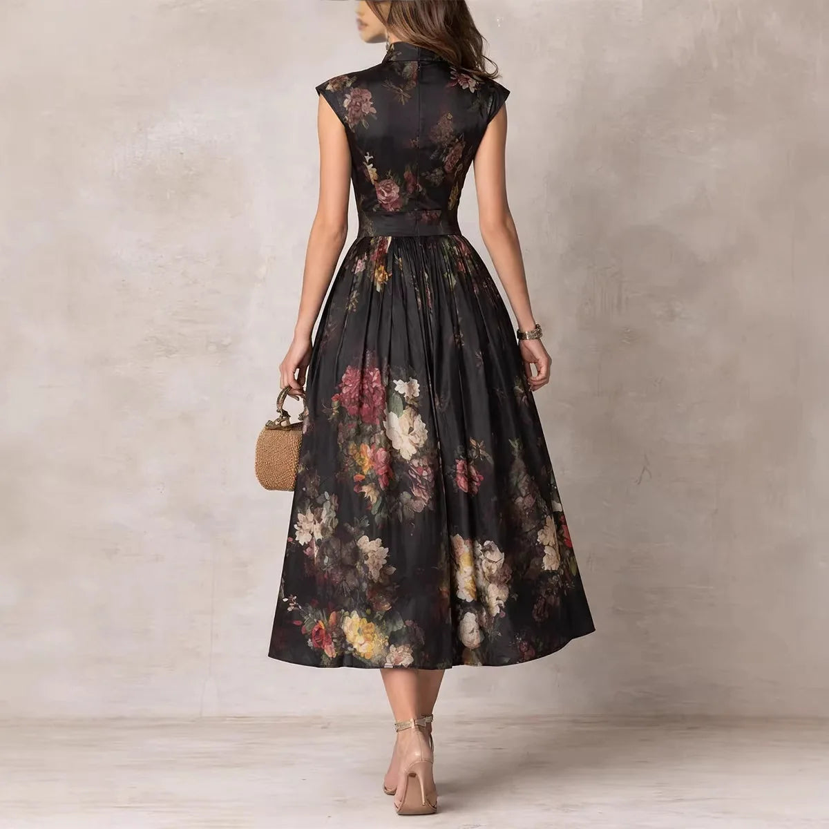 Spring Sleeveless Black Floral Long Dress