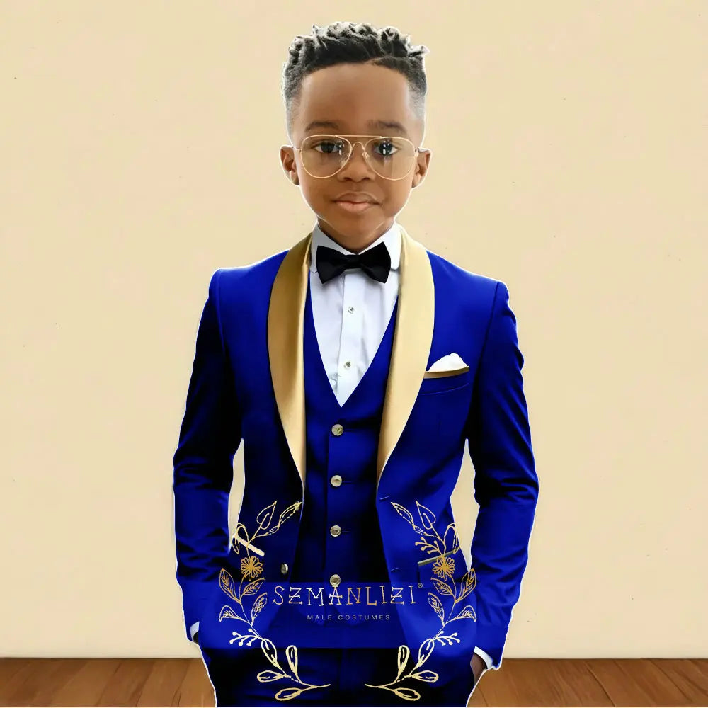 3‑Piece Boys Wedding Suit with Gold Shawl Lapel (2–16 Years)