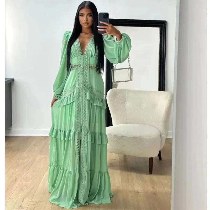 Elegant Hollow Lace  Patchwork Ruffle Deep V Neck Lantern Sleeves Maxi Dresses