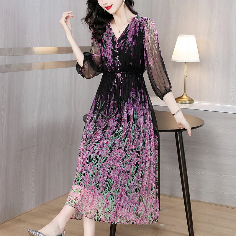 Summer Luxury Silk Floral Casual Maxi Dress