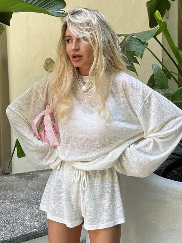 Casual White 2 Piece Summer Lounge Set – Oversized Long Sleeve Top &amp; High Waist Shorts
