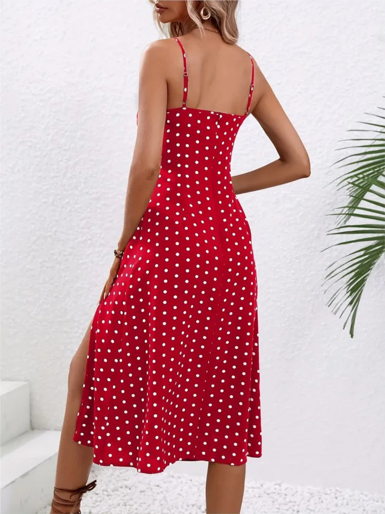 Summer Sexy Spaghetti Straps Polka Dot Print Sleeveless Slit Dress