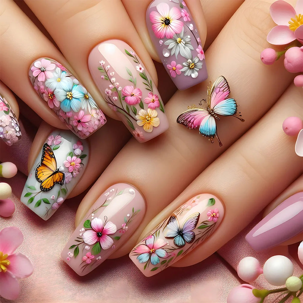 24pcs Mid-length  Flower Design Stick on Fake Nail