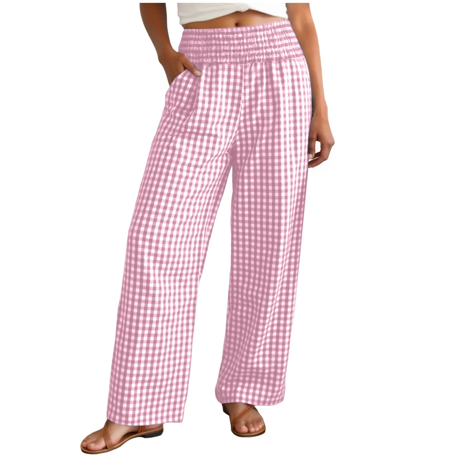 Casual Plaid Comfortable  With Pockets Elastic Waist Wide Leg Casual Pant
