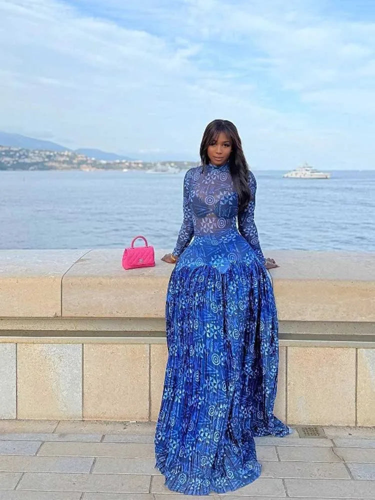 Royal Blue Mid-turtleneck High Waist Transparent  Light Long Dress with Sleeves