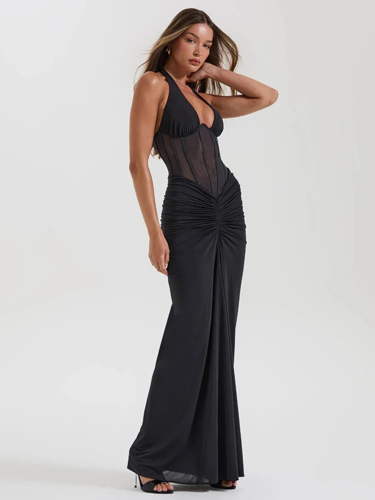 Elegant Hanging Neck Elastic Tight Long Dress
