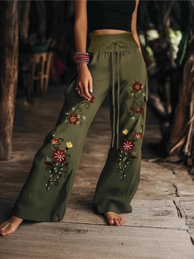 Boho High Waist Lace-Up Wide Leg Pants