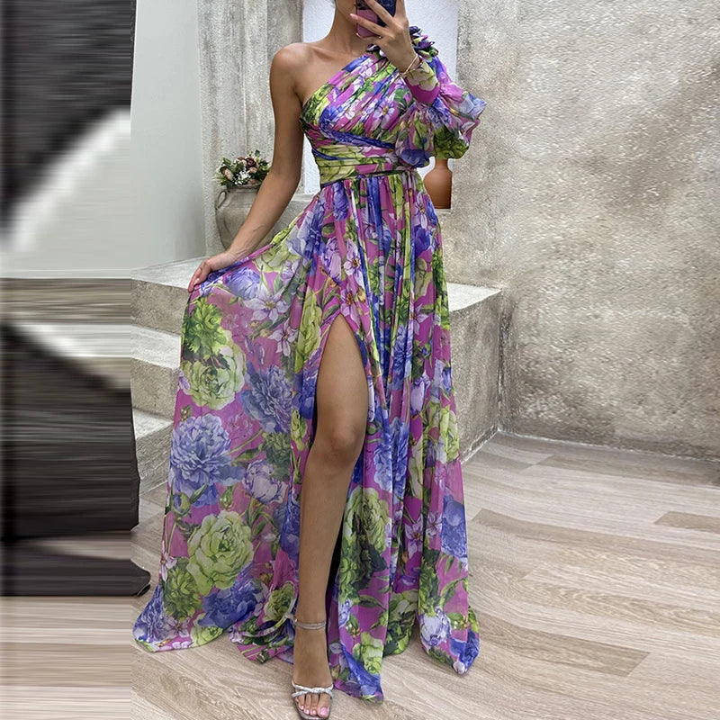High Split Loose Hem One Shoulder Print Beach Party Dress