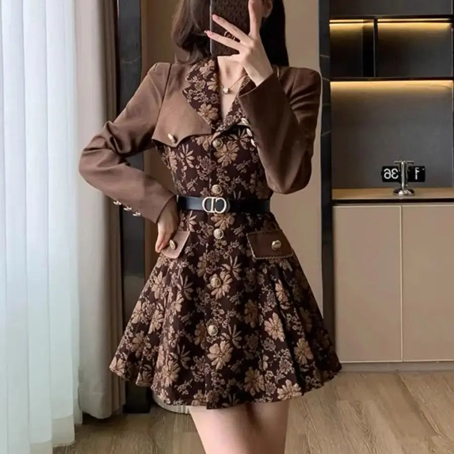 Retro Flower Jacquard Mini Dress – Autumn Patchwork A‑Line Party Dress with Belt