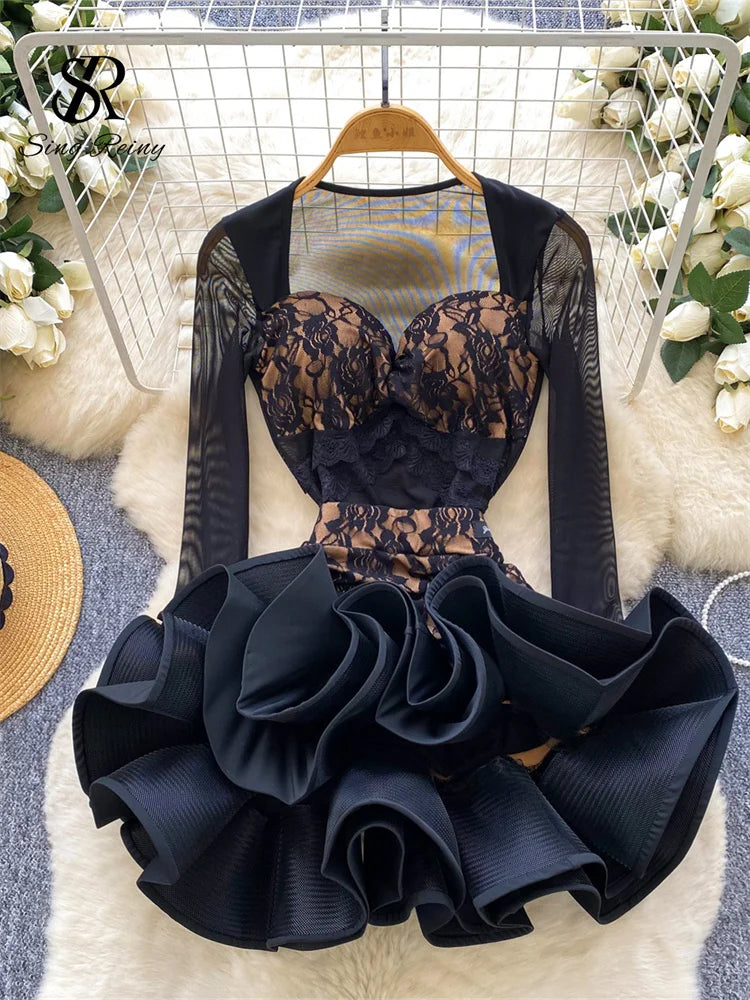 Sexy Floral Lace Suit Mesh Sheer Slim Bodysuit+Ruffles Mini Mermaid Skirt
