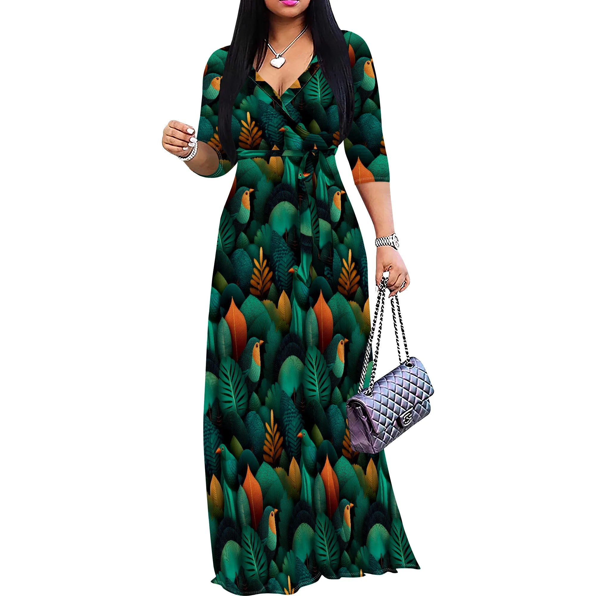 Tropical Leaf Print V-Neck Maxi Dress