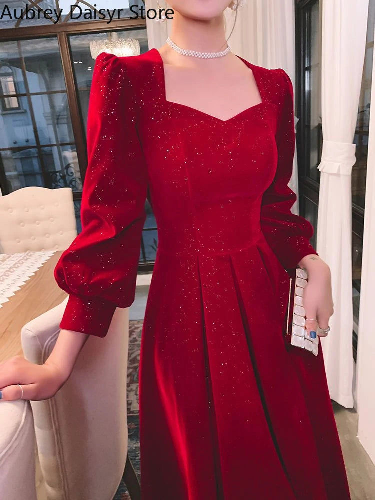 Elegant Red Sequins Vintage V-neck Midi Dress
