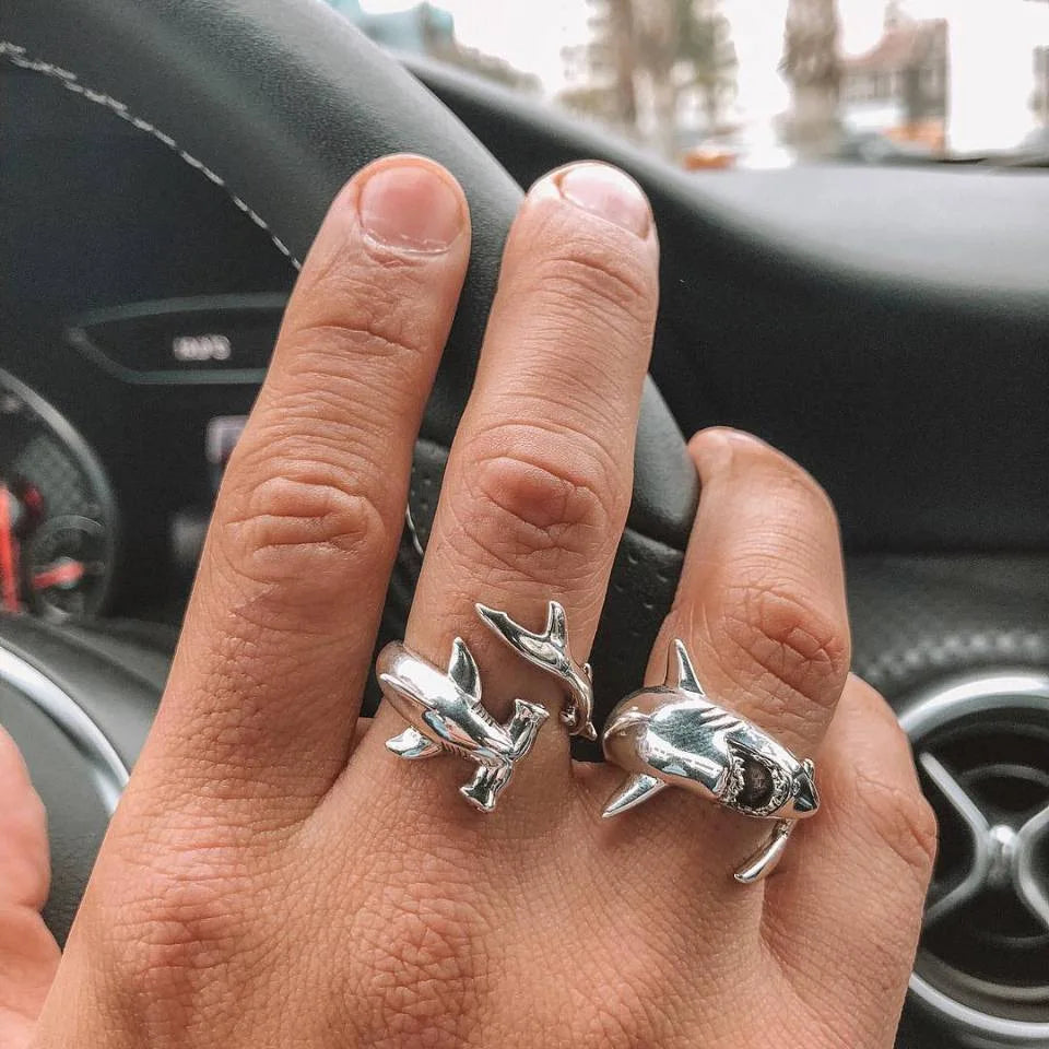 Vintage Whale Pendant Necklace & Great White Shark Ring Set