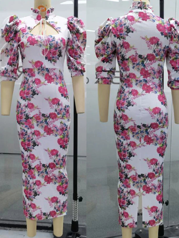 Puff Sleeve Floral Print Frill Hem Cutout Tied Detail Dress