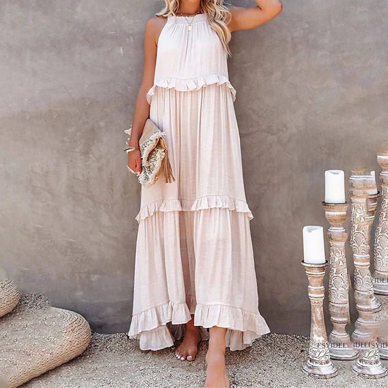 Women’s Elegant Ruffle Maxi Sundress – Sleeveless Summer Beach &amp; Party Dress