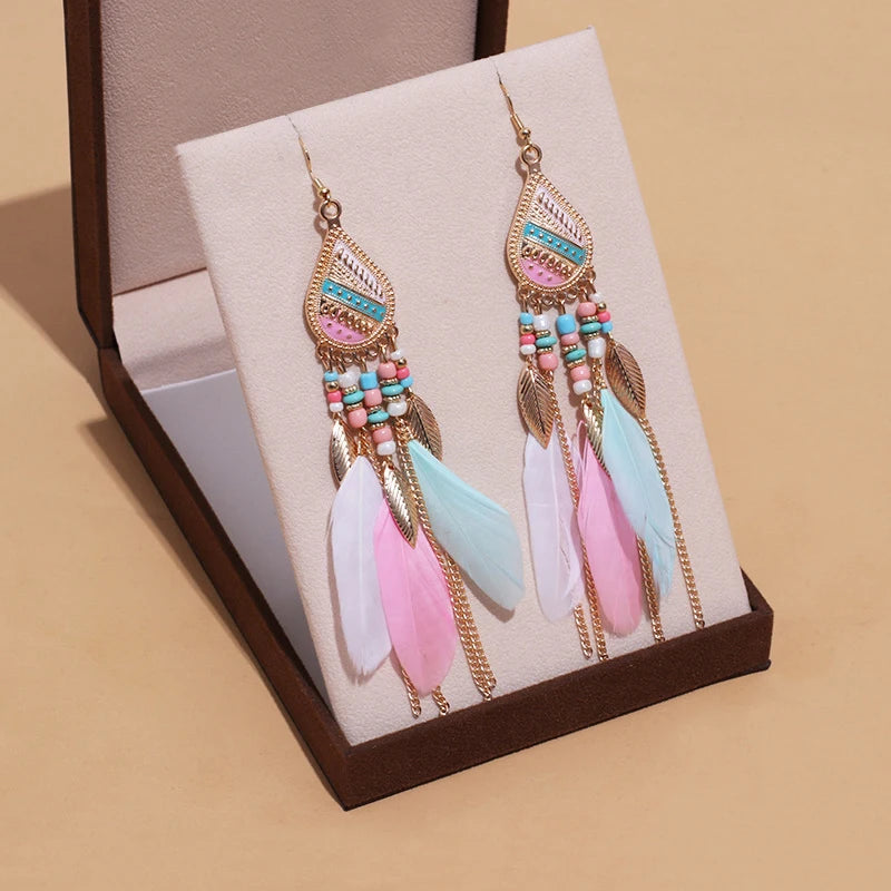 Boho Long Feather Dangle Earrings – Handmade Tassel & Enamel Flower Statement Jewelry for Women
