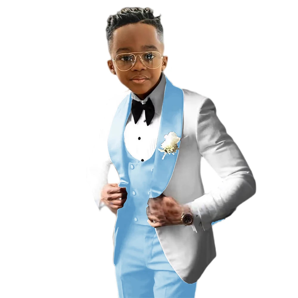 Suit for Boys Wedding Tuxedo – 3 Piece White Jacket, Royal Blue Pants &amp; Vest | Slim Fit Tailored Kids Blazer Set