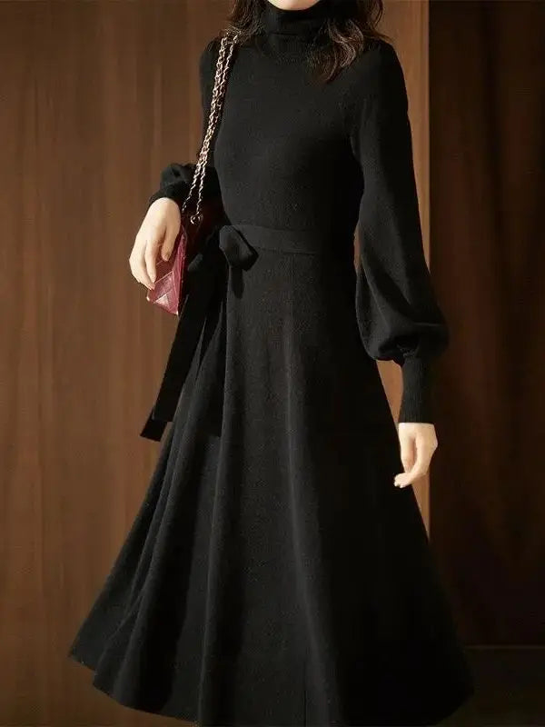 Autumn Winter Lantern Sleeve Turtleneck  Warm Knit Sweater Dress