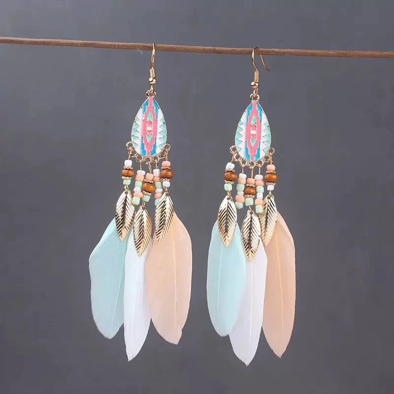 Boho Long Feather Dangle Earrings – Handmade Tassel & Enamel Flower Statement Jewelry for Women