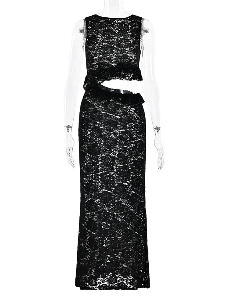 Sexy See-through Waist Cut Out Sleeveless Elegant Lace Dress Swimsuit Cover Up