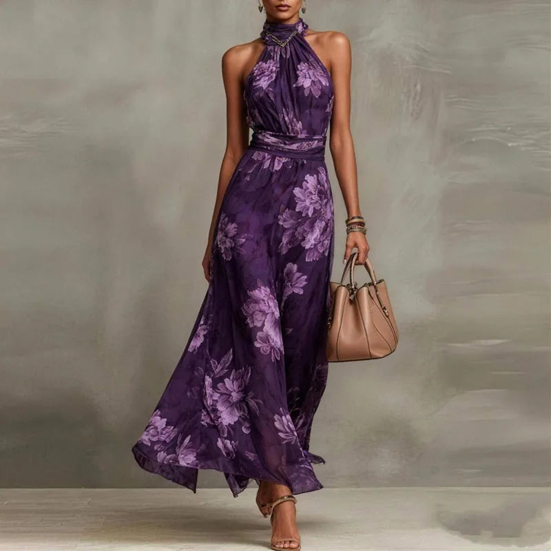 Elegant Floral Halter Off-Shoulder Chiffon Maxi Dress – Boho Summer Party & Beach Favorite